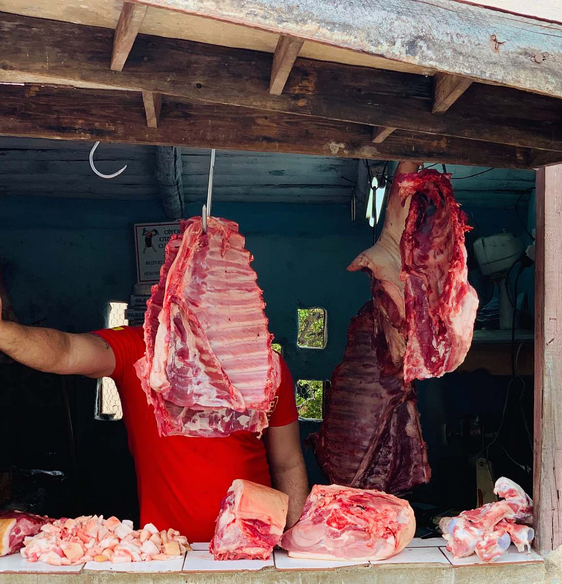 butcher shop man standing in front of hanged meat shop